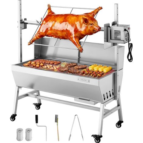 Barbecue à Charbon avec Tournebroche Électrique 38 W, Rôtissoire à Charbon de Bois Capacité de Charge 60 kg, 7 Niveaux de Hauteur, Broche en Inox, pour Agneau Porcelet, Camping Fête Extérieur (1/5)