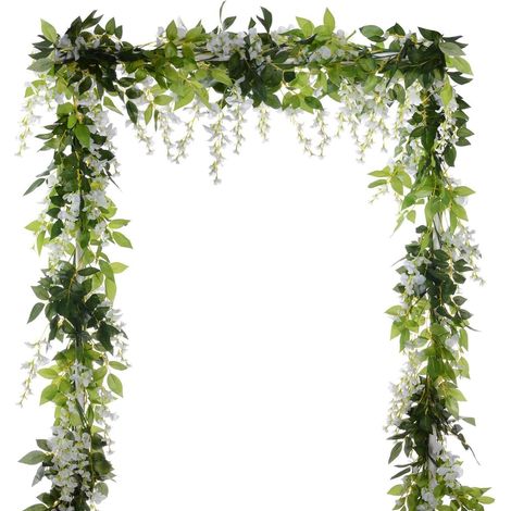 2 m de fleurs artificielles en soie, glycine, lierre, feuilles vertes, guirlande de vigne à suspendre pour fête de mariage, maison,lot de 2, blanc (1/3)