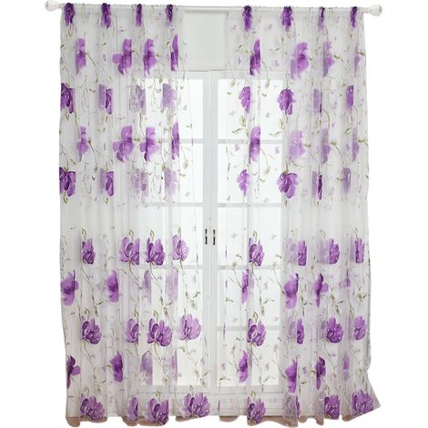 Rideau tulle vintage brodé voile transparent violet pour fenêtre, panneau décoratif en dentelle légère, 1 pièce