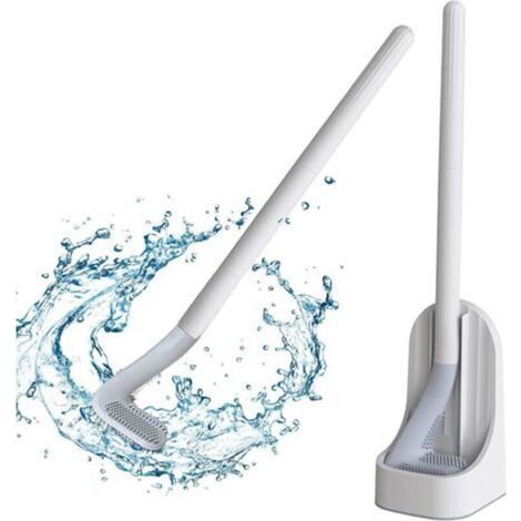 Brosse de toilette en silicone avec support, manche longue en plastique, idéale pour salle de bain – fixation murale ou au sol