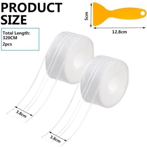Bandes d'étanchéité auto-adhésives, 2 rouleaux de mastic PVC pour salle de bain, ruban de calfeutrage auto-adhésif transparent, adapté aux cuisines, éviers, toilettes et baignoires. (1/3)
