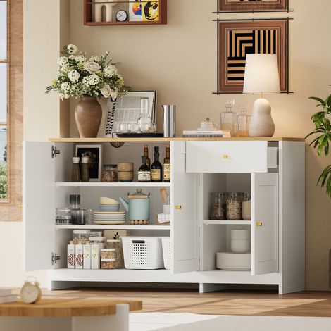Credenza con 3 ante e 1 cassetto contenitore – mobile/cassettiera utilizzabile come buffet per soggiorno e sala da pranzo, in naturale e bianco, dimensioni: 120x40x75 cm