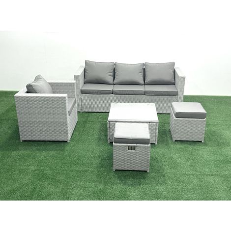 Fimous 6 Seater Rattan Garden Furniture Set with 3 Seater Sofa Chair Square Coffee Table Big Footstool Light Grey Mixed (1/5)