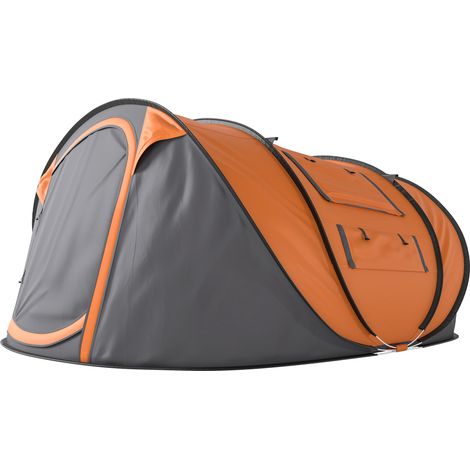 Tente de camping pliante 2 personnes avec 2 portes, 4 fenêtres et bâche imperméable, 263,5 x 220 x 123 cm, orange