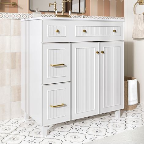 Meuble sous vasque de salle de bain 81,7 cm avec vasque en céramique, MDF laqué blanc (1/5)