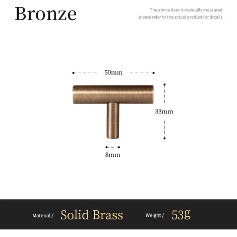 (Bouton en T - 50 mm) Poignées longues minimalistes en laiton antique massif Santaya pour meubles de cuisine et tiroirs de commode, style bronze. (1/5)