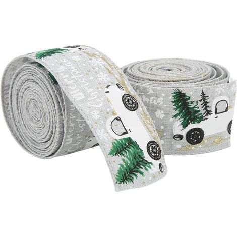 Lot de 2 rubans de Noël gris à motif camion rétro, 5 mètres de long. Accessoires décoratifs. (1/5)