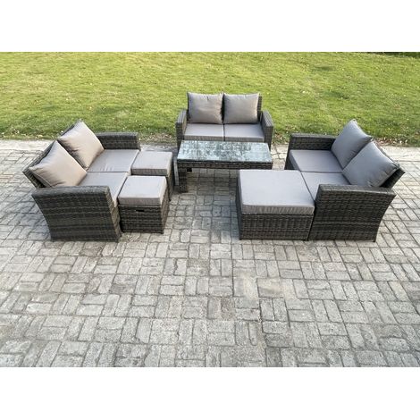 Fimous Lounge Poly Rattan Gartenmöbel Set für den Garten mit Couchtisch Doppelsitz-Sofa 3 Hocker Dunkelgrau Gemischt (1/5)