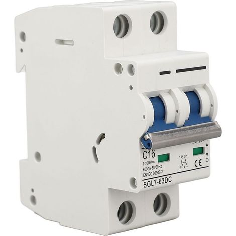 Interruttore automatico miniaturizzato CC 2P 1000V 16A, per montaggio su guida DIN, sezionatore per impianto fotovoltaico, con sgancio termomagnetico. (1/5)