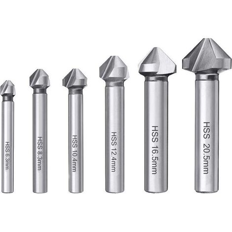 6PCS Fraise à Chanfreiner HSS 6542 Foret Conique 90° Fraise à Noyer Forets hélicoïdaux Fraise à Ébavurer Cylindrique pour Bois Métal PVC Machine-outil 6.3/8.3/10.4/12.4/16.5/20.5mm (1/5)