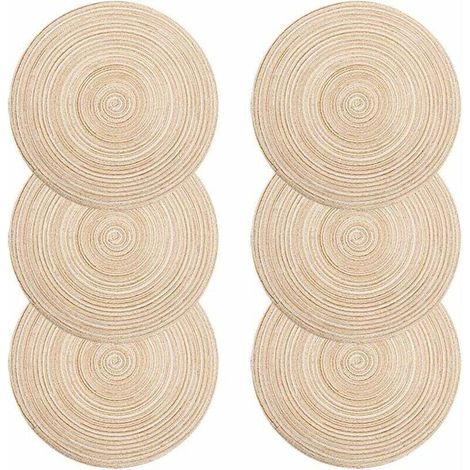 Platzsets, 6er-Set geflochtene PP-Platzsets, waschbar, hitzebeständig, rutschfest, rund, 35 x 35 cm (rund, elfenbeinfarben)
