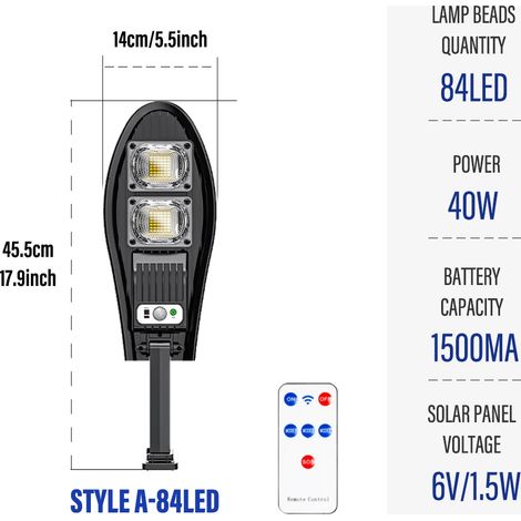 (84 LED) Lampe solaire LED extérieure pour jardin ou rue avec détecteur de mouvement et télécommande, étanche, compatible avec projecteur de garage. (1/5)