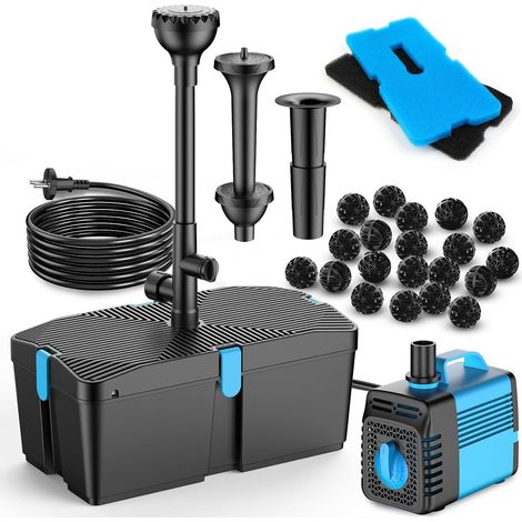 Pompe de bassin avec filtre et kit fontaine, 50W 2500L/H, filtre pour bassins extérieurs, propre pour koï (1/5)