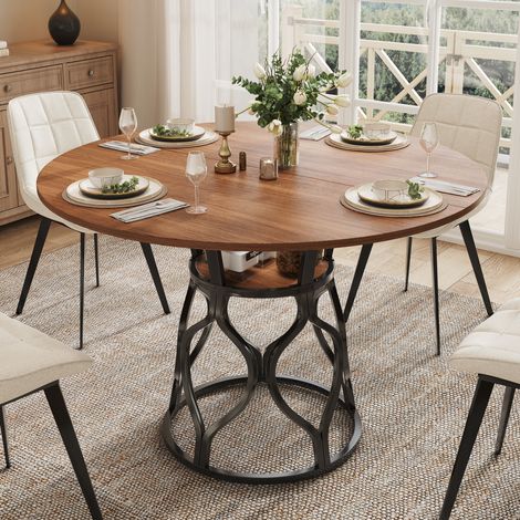 Tavolo da pranzo rotondo 100 x 100 x 75 cm, con ripiano, MDF effetto noce, metallo nero (1/5)
