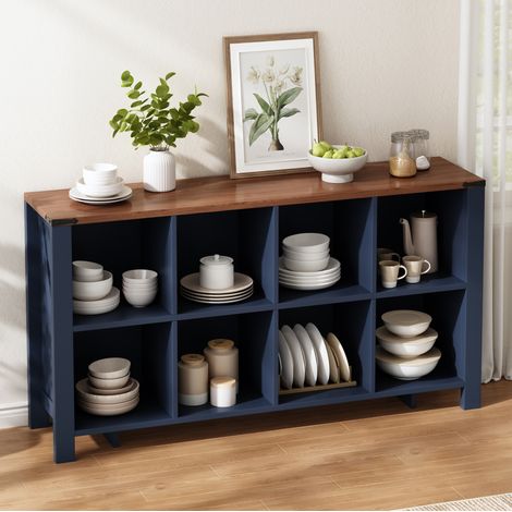 Mueble de almacenaje con 8 compartimentos abiertos 140 x 34 x 75 cm, MDF azul y efecto madera (1/5)