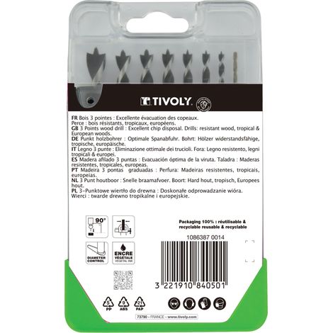 Tivoly • Confezione da 8 punte per legno con 3 punte graduate SLR Ø da 2 a 10 mm