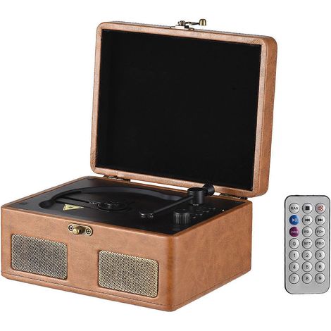 Lecteur CD rétro multifonctionnel à plateau, lecteur Bluetooth, platine vinyle, lecture de clés USB, lecteur CD portable avec télécommande, 2 haut-parleurs intégrés et batterie rechargeable. (1/5)