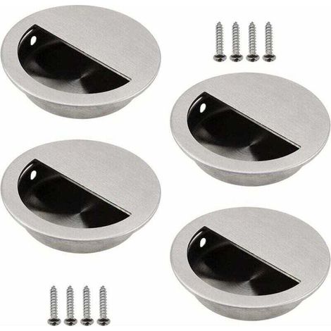 Lot de 4 Poignées Encastrables en Acier Inoxydable Argenté Poignée de Porte Coulissante Ronde Ø50mm avec un Trou Demi-Circulaire de 40 x 20mm Facile à Tirer - pour Porte Coulissante ou Autres Meubles (1/5)