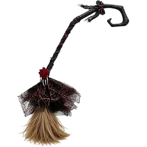 Balai de sorcière gothique Halloween rouge 100 cm balai maléfique avec décorations roses et main de squelette (1/5)