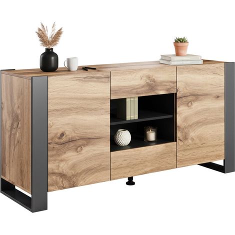 Credenza Albignola, Madia da salotto con due ante battenti, due cassetti e vani interni, Rialzata da terra, 164x44 h80 cm, Rovere Nodi e Antracite