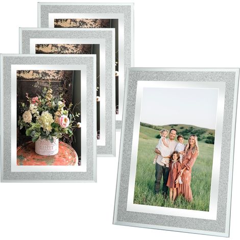 Cadres photo en verre de 15,2 x 10,2 cm pour photos de mariage, photos de famille et décoration de la maison, autonome et montage mural, 4 pièces portrait ou paysage, argenté (1/5)