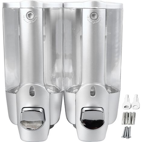 Dispensador de jabón de doble bomba para montaje en pared, para uso doméstico y hotelero, en color plata - plástico transparente (1/5)