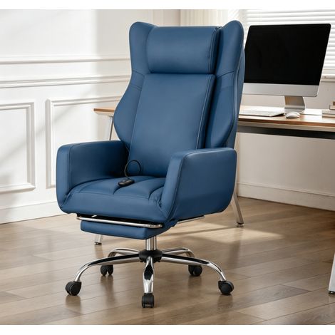 fauteuil de bureau de massage bleu ergonomique inclinable 90 à 135 degrés avec repose pieds télescopique accoudoirs rabattables chaise pivotante en cuir pu capacité de charge 500 lbs (1/5)