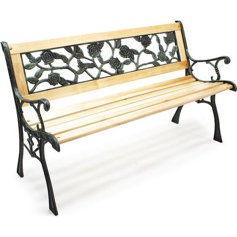 Banc de jardin en bois et fonte de fer avec dossier à motif rose double grille (1/5)