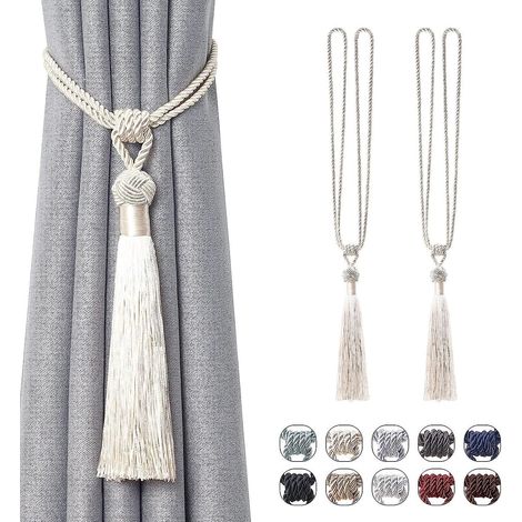 pretty Lot De 2 Pcs (blanc Crme) De Rideaux Longs Pompons Faites La Main Avec Nud En Corde Tresse De Style Europen Pour Dcoration De Maison Et (1/5)