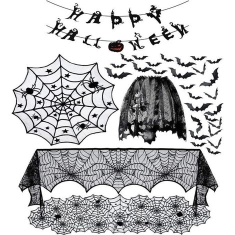 6 Halloween-Dekoartikel, VIPITH-Set: Spinnennetz, gruselige Fledermaus, Spitze, Kamin-Netze, Lampenschirm