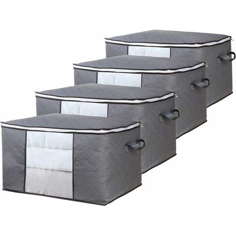 Sac de Rangement Vetement Lot de 4, Grande Non-Tissé Sac de Rangement sous Lit avec Poignée pour Couette Vêtements édredons Couvertures Oreillers Jouets, 60 x 40 x 35 cm, Gris (1/4)