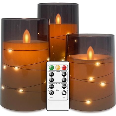 LED-Kerzen-Set – Elektrische Kerzen – Stimmungsvolle Dekoration – Beweglicher Docht – 3-teilig – Grau