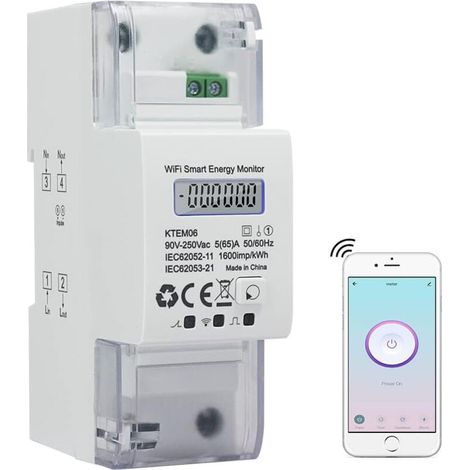 Compteur d'Énergie Monophasé WiFi Rail Din AC 5(65)A 90-250V Wattmètre Consommation Électrique KWh (1/4)