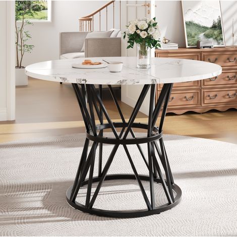 Runder Esstisch 100x100x76 cm schwarz aus MDF mit Marmoroptik und verstellbaren Füßen (1/5)