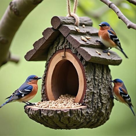 Hängender Vogelfutterspender in Form eines Baumstumpfes, handbemalte Skulptur, regensicher – Sofortige 3-Sekunden-Installation – Ideal für Gärten, Balkone, Familien und Naturliebhaber (1/5)