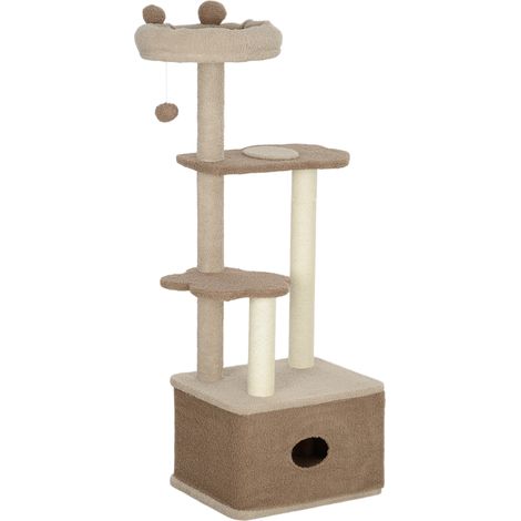Arbre à chat à griffer, hauteur 133 cm, avec nid, plateformes, balle suspendue et poteau en jute, marron (1/5)