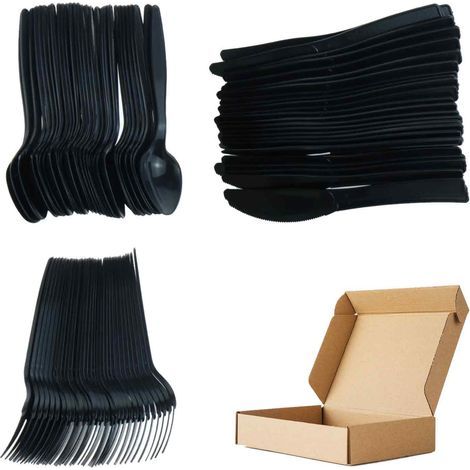 Couteaux Fourchettes Cuillères En Plastique - Lot De 90 Pièces Noir - Vaisselle Jetable Pour Mariages Fêtes Pique-Niques Camping - 30 Pièces Chaque (1/5)