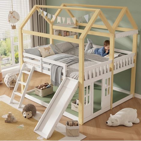 Letto semialto per bambini 90x200 cm con scivolo e scala, bianco e legno naturale (1/5)