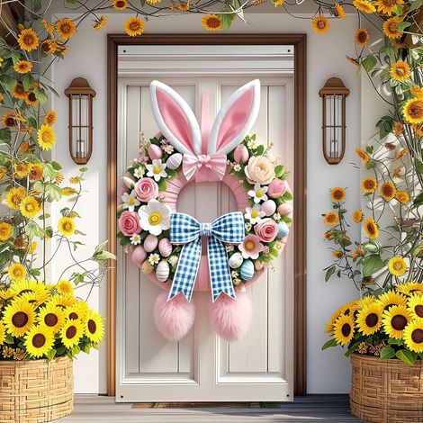 Guirlande De Lapin De Pâques - Décor De Porte Printanier En Polyester - 180 X 90 Cm - Pour Porte Extérieure Mur Fenêtre - 1 Pièce (1/5)