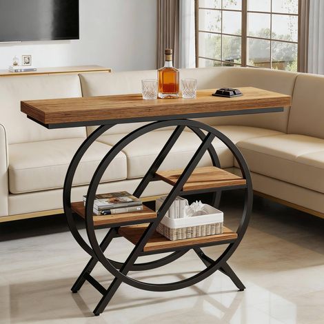 Mesa consola marrón claro de metal y madera con 4 niveles de almacenaje (1/5)