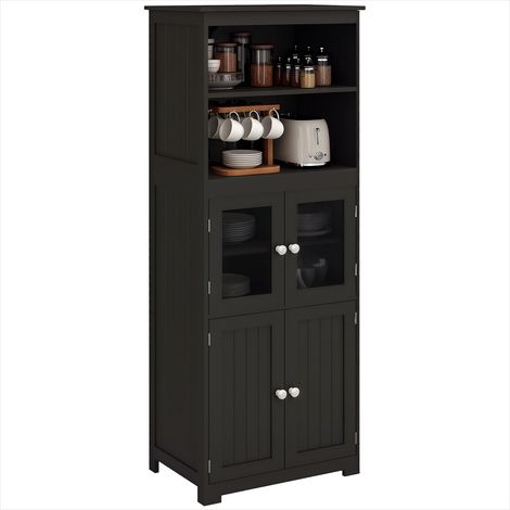 Meuble de rangement haut 60x30x162 cm, buffet vaselier noir en MDF avec portes vitrées et niches ouvertes (1/5)