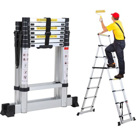Wolketon Échelle télescopique escabeau Pro 2,3m argentée 150kg, pieds antidérapants