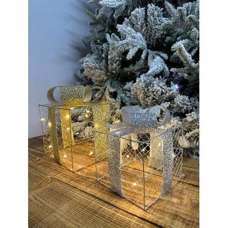 LED-Weihnachtsgeschenk 15cm mit Schleife Weihnachtsdeko Geschenkpäckchen - gold