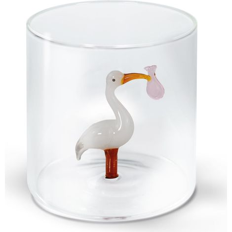 WD LifeStyle Bicchiere Vetro Borosilicato Cc 250 ml Decoro Cicogna Fagotto Rosa