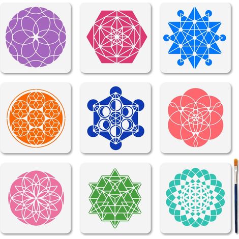 9 pochoir à Géométrie Sacrée pour Fleurs 15x15cm Cercle Étoile Polygone Réutilisable Modèles de Dessin Floral Triangulaire avec Pinceau pour Bois Mur Toile (1/5)