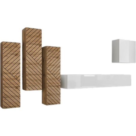Insieme mobile soggiorno SWITCH III design, colore bianco e quercia Wotan. Finiture lucide e effetto quercia fresata.