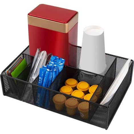Kaffeebar-Organizer mit 6 Fächern – Schwarzer Metall-Organizer für die Kaffeestation auf der Arbeitsplatte, geeignet für Tee, Tassen, Sirup und Löffel (1/5)