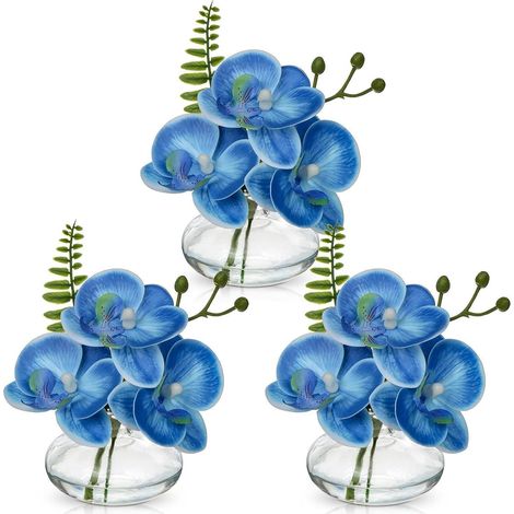Kunstblumen 3er Set Künstliche Orchideen Dekoblumen Glasvase Blau (1/5)