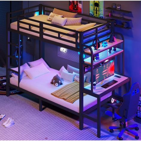 Etagenbett 90x200 cm Schwarz aus Metall und MDF mit Schreibtisch, Ablagefach, LED-Lichtleiste und USB-Anschluss (1/5)