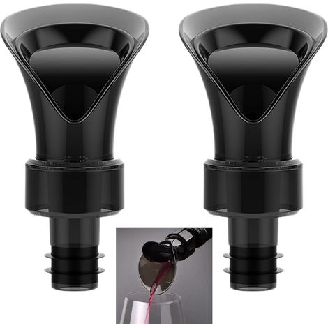 Bouchon Bouteille Vin Bouchon Champagne - Pack de 2, Noir, Verseurs de Bec de Bouteille, Verser le Vin Sceller Conserver 2 en 1, Evite que Vin ne Goutte sur la Bouteille Lorsqu'Il est Versé